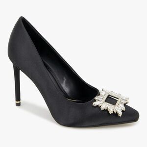 Kenneth Cole Black Satin Pointed Crystal-Embellished Pumps